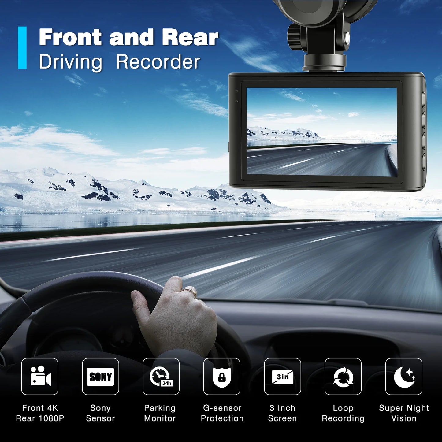 Campark 4K Dash Cam Front and Rear, 3 inch IPS Car Camera , Dual Dash Camera for Cars,UHD 2160P Night Vision, WDR