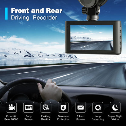 Campark 4K Dash Cam Front and Rear, 3 inch IPS Car Camera , Dual Dash Camera for Cars,UHD 2160P Night Vision, WDR
