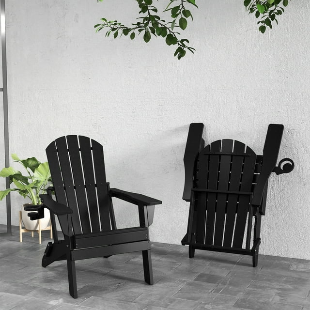 FOOWIN HDPE Folding Adirondack Chair, Fire Pit Chairs with Cup Holder, Black