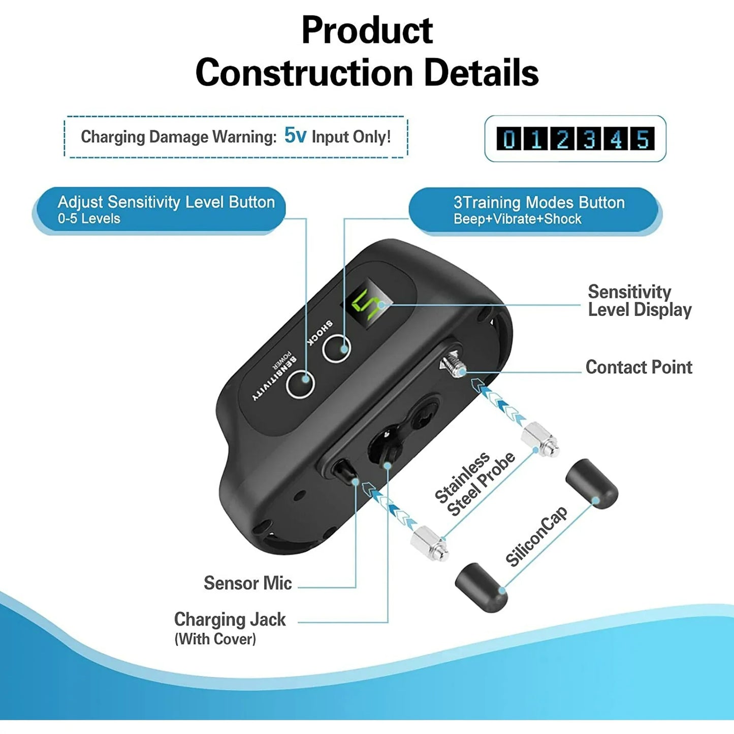 Dog Bark Collar, Bark Shock Collar with Beep Vibration Shock, Bark Collar for Large Medium Small Dogs, Rechargeable Humane Anti Barking Training Collar with 5 Adjustable Sensitivity, Waterproof