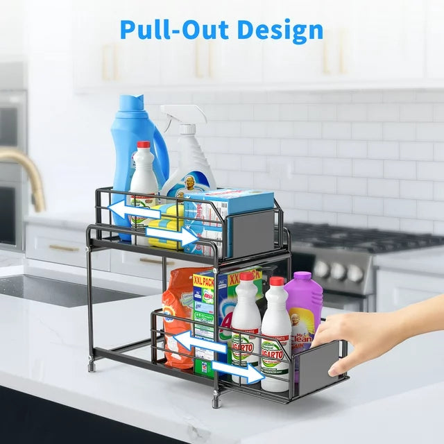 VAVSEA Metal Under Sink Organizers, 2 Tier Bathroom Cabinet Organizers, Slide Out Sink Shelf Cabinet with Sliding Drawers for Kitchen, Black, 14.17*12.6Inch