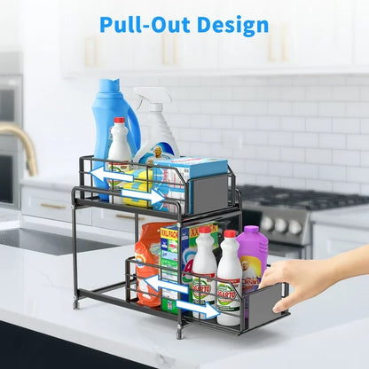 VAVSEA Metal Under Sink Organizers, 2 Tier Bathroom Cabinet Organizers, Slide Out Sink Shelf Cabinet with Sliding Drawers for Kitchen, Black, 14.17*12.6Inch