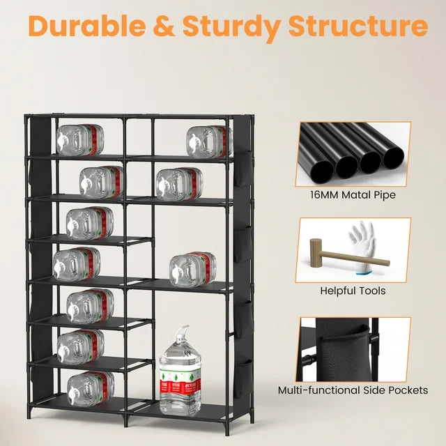 Shoe Rack, 8 Tier Large Shoe Organizer with 2 Side Pockets, Metal 22-26 Pairs Tall Shoe Storage Shelf, Shoe & Boots Cabinet for Closet Entryway Bedroom, Black