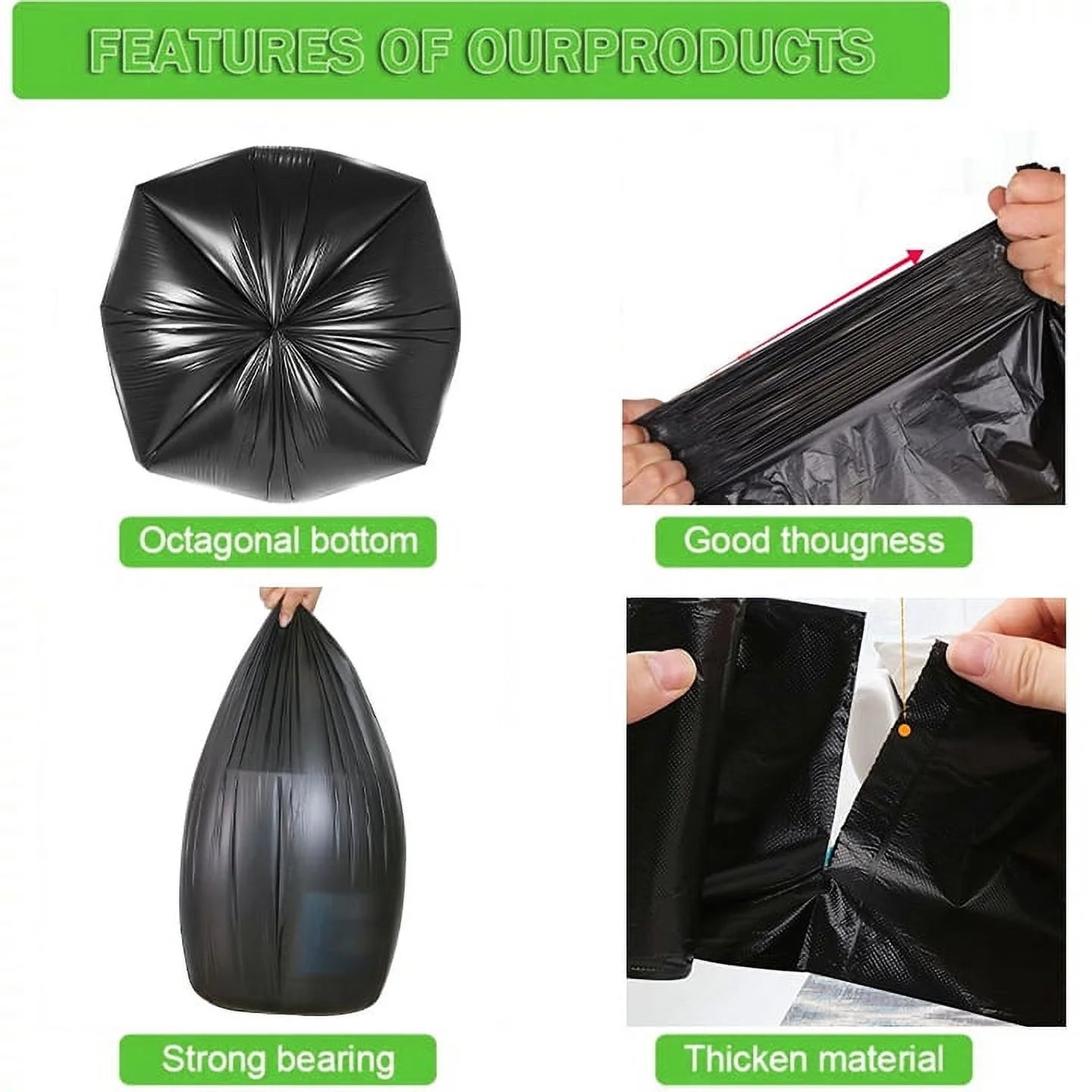 33 Gallon Trash Bags (75Count) ,33-35 Gallon Black Garbage Bags ,Garbage Can Liners with Tying Ropes