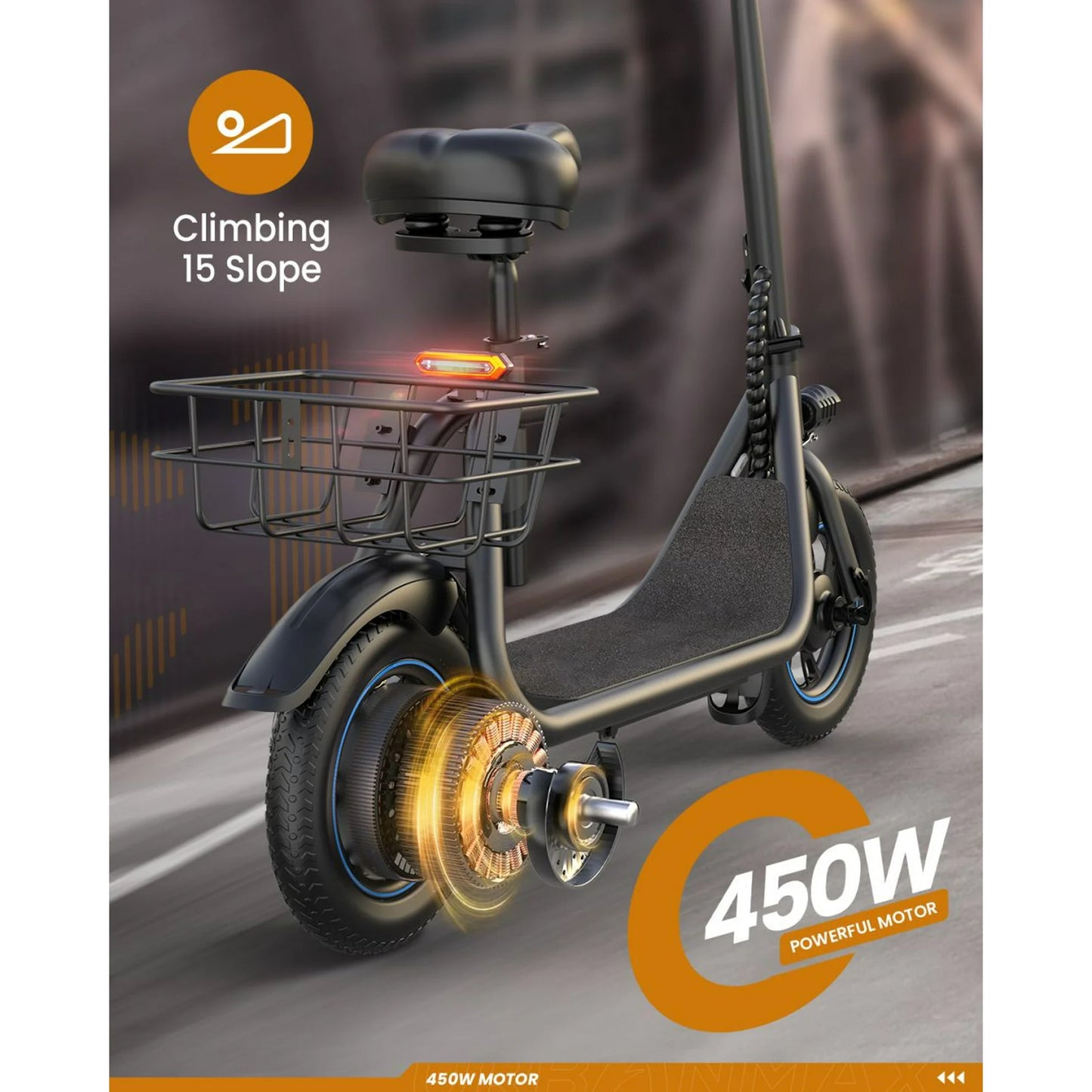 MIHOVER 450W Electric Scooter with Seat for Adult, 12 inch Commuter Electric Scooter with Basket and Adjustable Seat- up to 21 Miles 15.5MPH