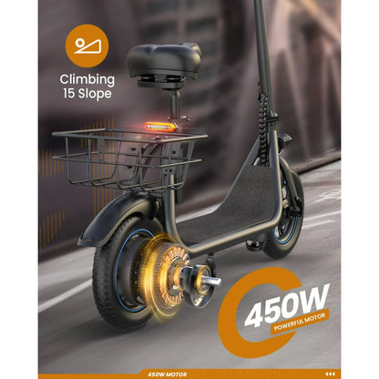 MIHOVER 450W Electric Scooter with Seat for Adult, 12 inch Commuter Electric Scooter with Basket and Adjustable Seat- up to 21 Miles 15.5MPH