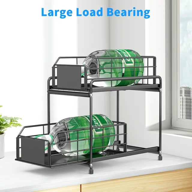 VAVSEA Metal Under Sink Organizers, 2 Tier Bathroom Cabinet Organizers, Slide Out Sink Shelf Cabinet with Sliding Drawers for Kitchen, Black, 14.17*12.6Inch