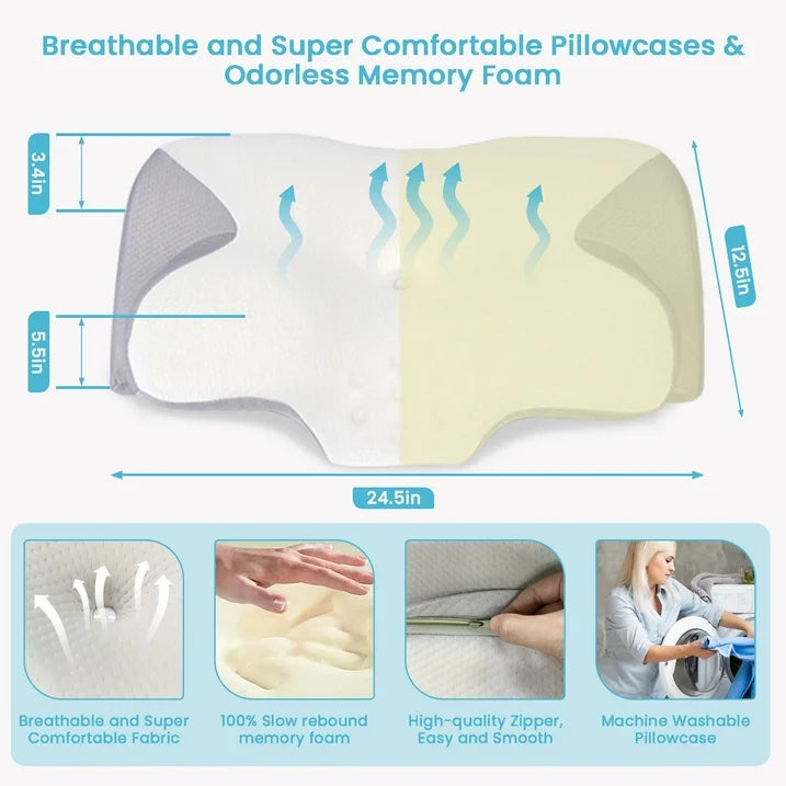 Cervical Pillow for Neck Pain Relief, Contour Memory Foam, Ergonomic Orthopedic Neck Support Pillow for Side, Back & Stomach Sleepers with Breathable Pillowcase, Grey