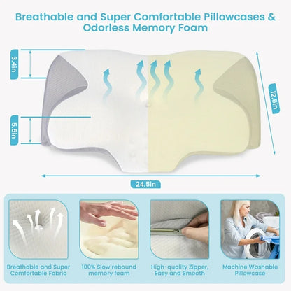 Cervical Pillow for Neck Pain Relief, Contour Memory Foam, Ergonomic Orthopedic Neck Support Pillow for Side, Back & Stomach Sleepers with Breathable Pillowcase, Grey