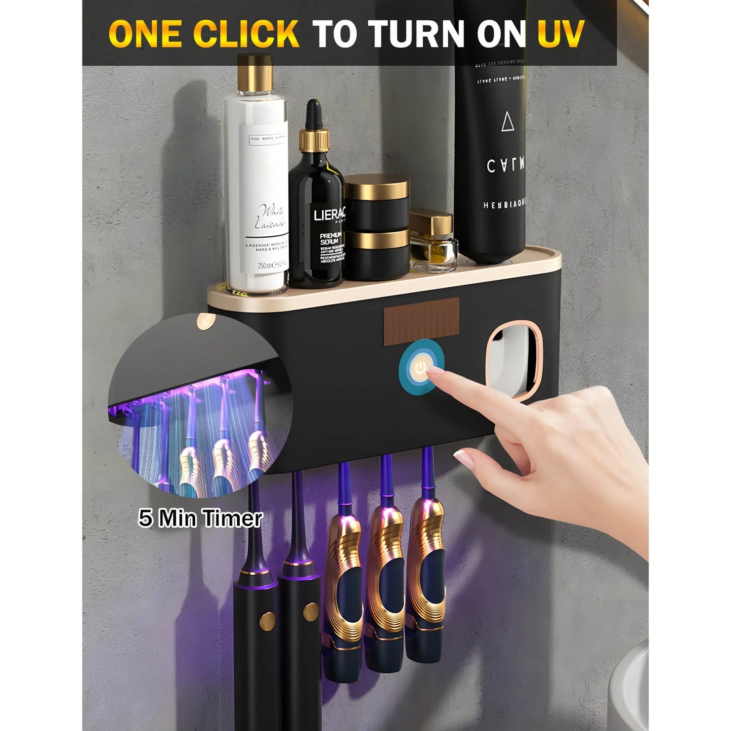 Toothbrush Holders for Bathrooms, UV Toothbrush Sanitizer Wall Mounted with Toothpaste Dispenser, Large Capacity Tray, Tooth Brushing Holder  Bathroom Accessories