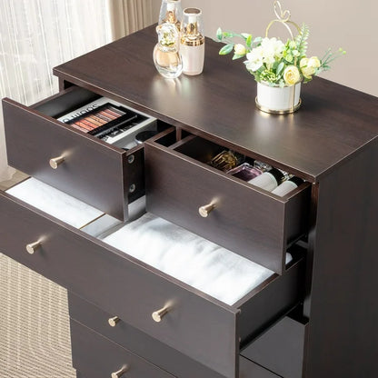 IMKHK 6 Drawer Double Dresser, Wood Wide Chest Of Drawers, Modern Storage Cabinet Dresser Organizer Unit with Matt Gold Handle, Nightstand Storage Tower for Living Room, Bedroom and Hallway, Brown