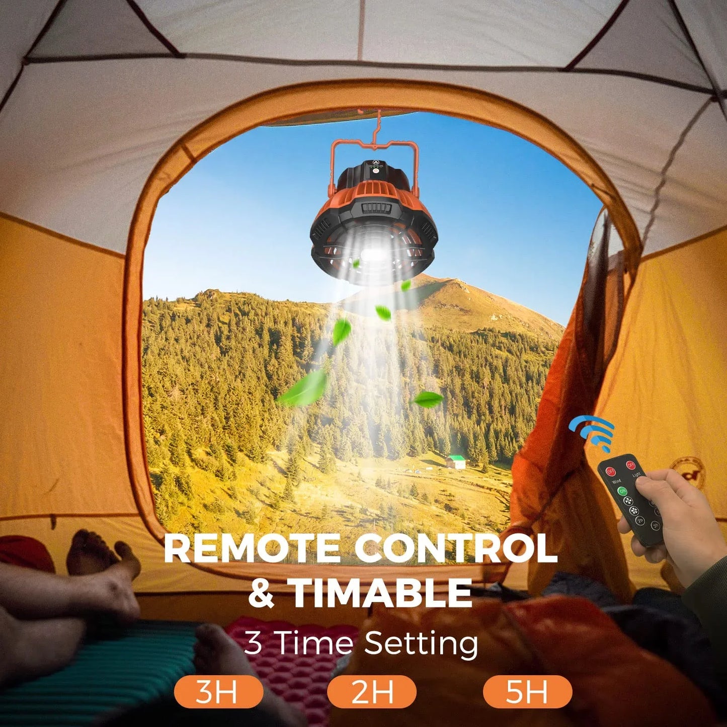 Camping Tent Fan with LED Lantern, Camp Fan Rechargeable, 5200mAh Battery Hanging 360 Adjustment Power Bank Fan with Remote Control for Camping Fishing Outdoor Use