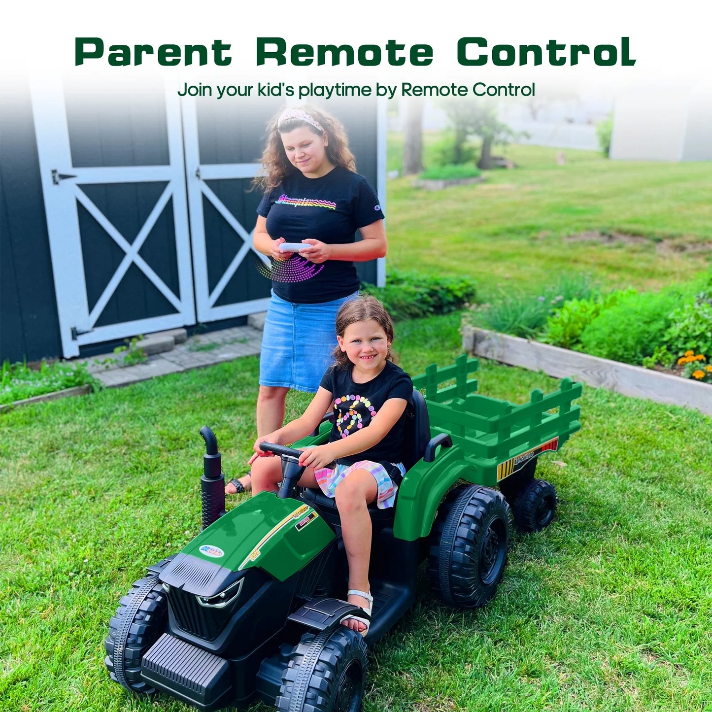 Hikiddo 24 Volt Ride on Toys, Kids Electric Ride On Tractor with Trailer & Remote - Green