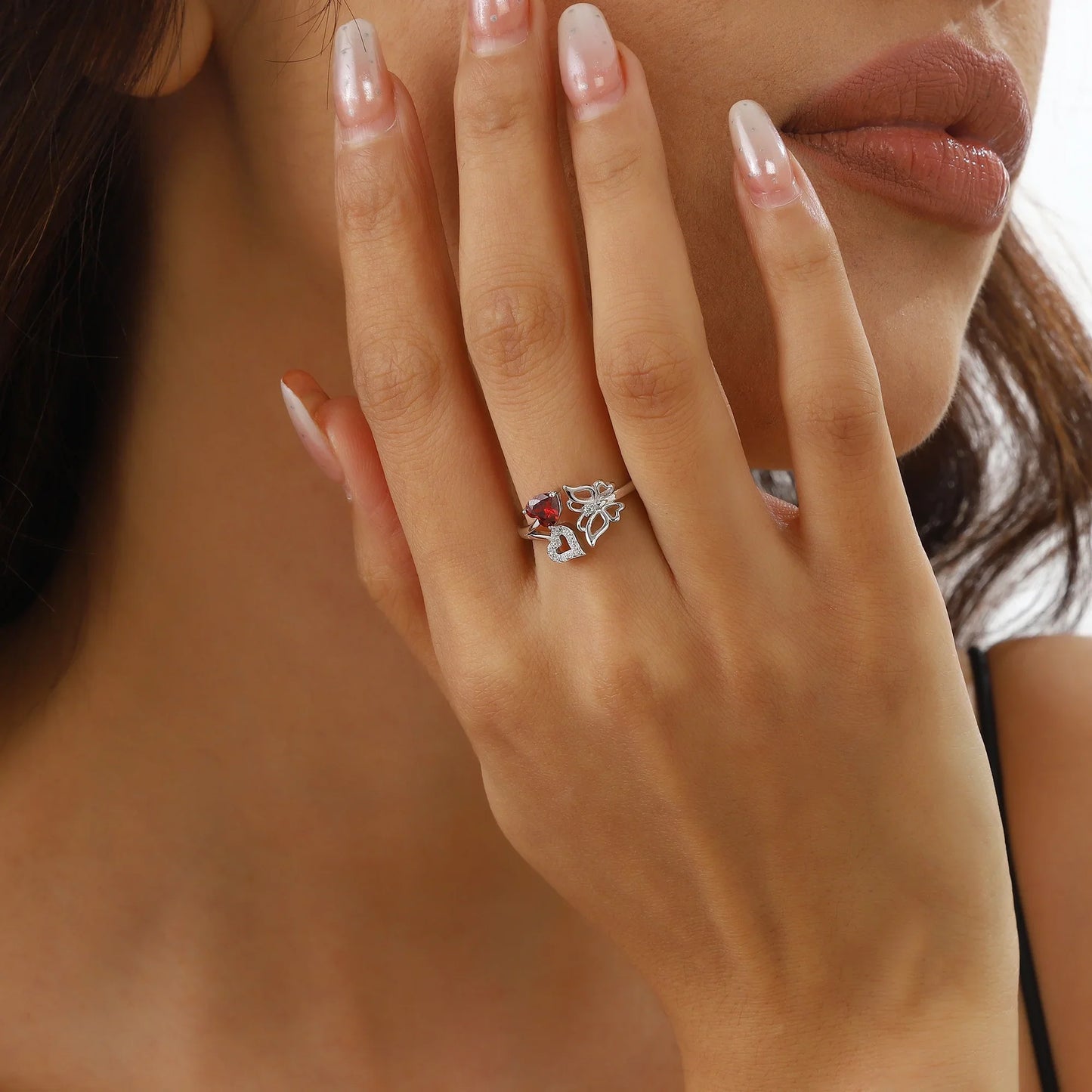 Beautlace Heart Birthstone Ring,Butterfly 925 Sterling Silver Adjustable January Garnet Birthstone Open Band Rings Birthday Christmas Valentines Mothers Day Jewelry Gifts for Women Mom
