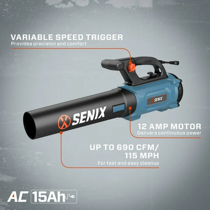 SENIX 120 Volt, 12 Amp Corded Leaf Blower, Up to 690 CFM and 115 MPH, BLAE12 M