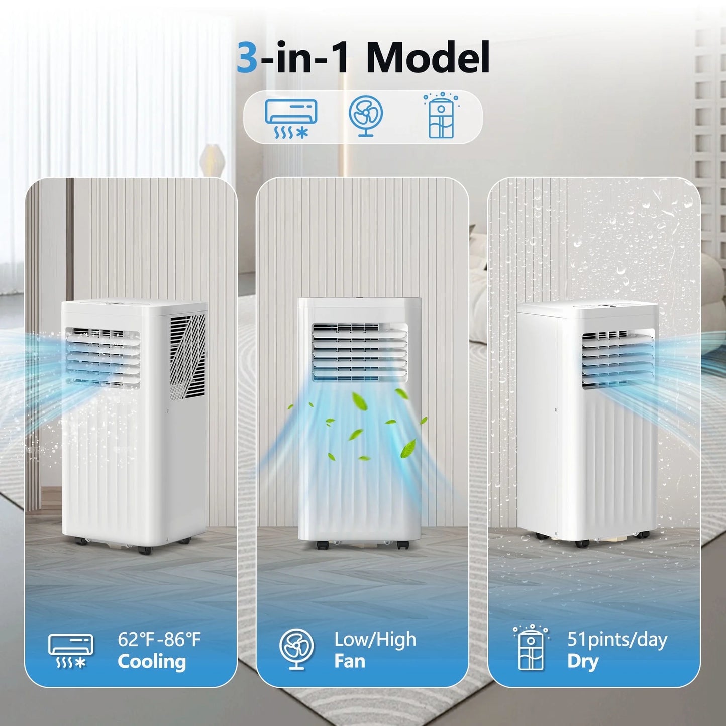 Havato 5000BTU (8000BTU ASHRAE) Portable Air Conditioner with Dehumidifier/Fan/Cooler, Cooling 300 Sq.ft, Remote Control, White
