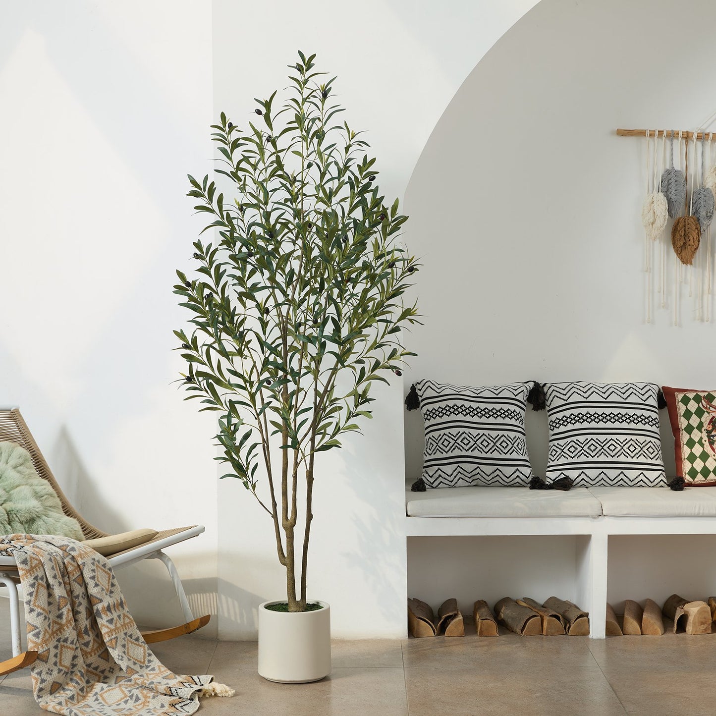 Artificial Olive Trees Indoor, 6FT Tall Faux Olive Tree with White Tall Planter, Artificial Plants with Muti Trunk and Lifelike Fruits for Home Office Decor