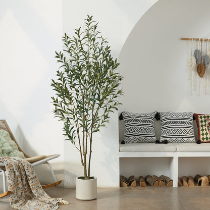 Artificial Olive Trees Indoor, 6FT Tall Faux Olive Tree with White Tall Planter, Artificial Plants with Muti Trunk and Lifelike Fruits for Home Office Decor