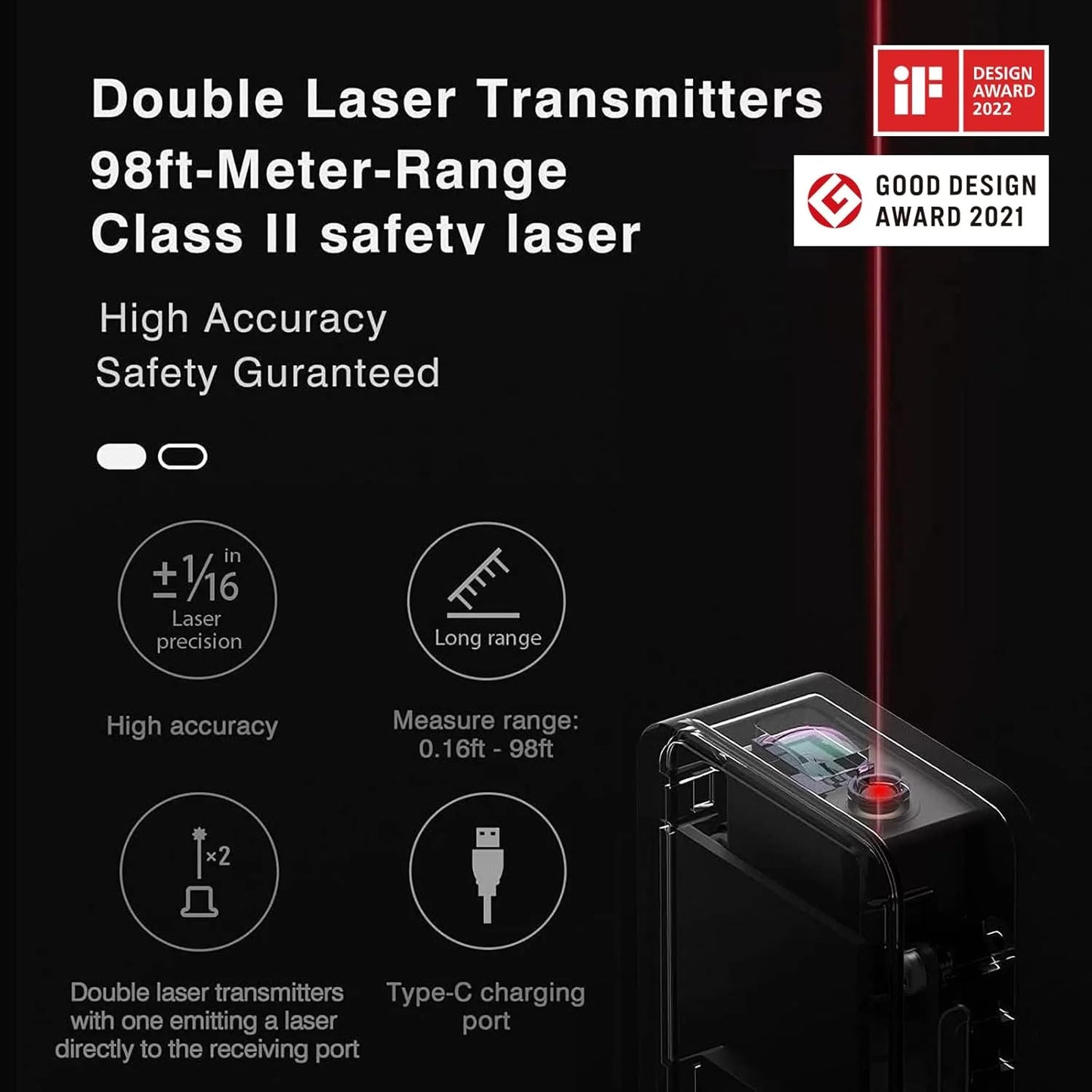 HOTO Laser Measuring Tool 98ft Laser Distance Measure Tool ±2mm Accuracy- Black
