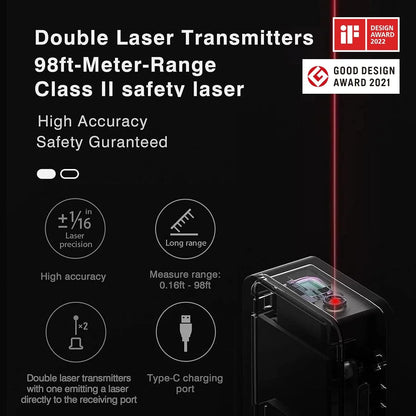 HOTO Laser Measuring Tool 98ft Laser Distance Measure Tool ±2mm Accuracy- Black