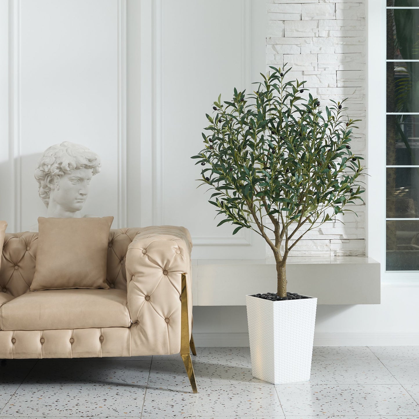 DR.Planzen UV Resistant 5ft Artificial Olive Tree in White Large Planter with Pebbles– Faux Olive Tree for Indoor and Outdoor Decor, Lifelike Greenery for Home  Garden Decor