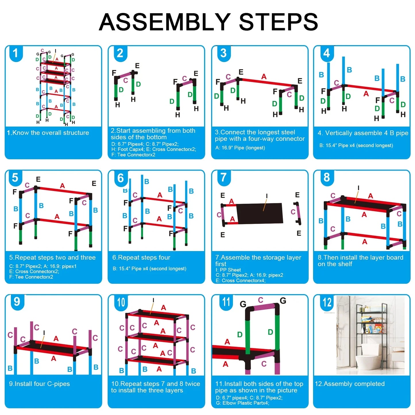ARCTICICE 3-Tier Over Toilet Storage Rack for bathroom kitchen organizer, Black