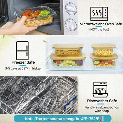 8 Pcs Glass Food Storage Containers with Bamboo Lids, Meal Prep Glass Containers Bento Lunch Box, Safe for Microwave, Oven, Freezer and Dishwasher, BPA Free