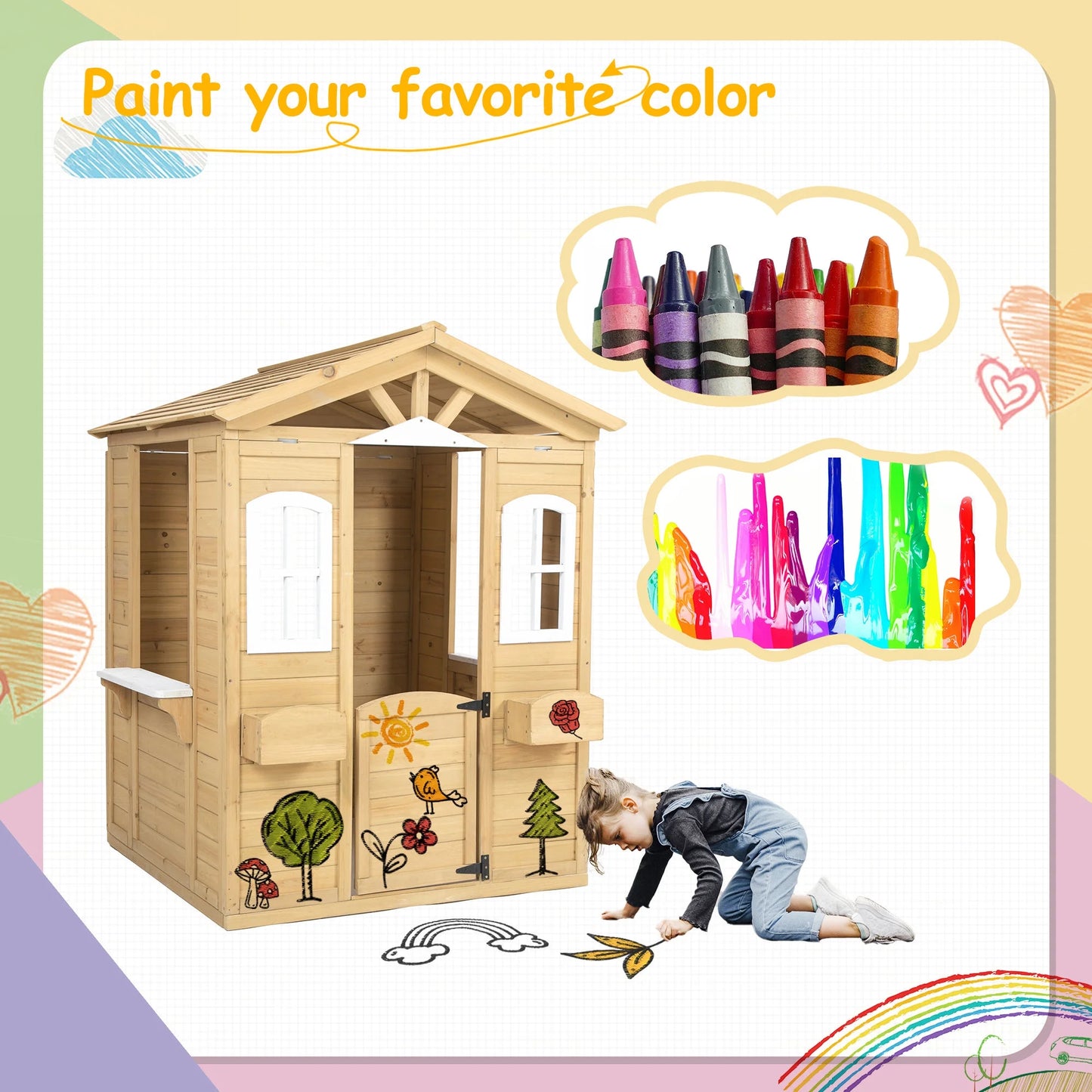 COCLUB Play House for Kids Ages 4-8, Outdoor Wooden Playhouse with Play Kitchen, Snack Bar, Picnic Bench, Mailbox, Flowerpot Holders, 39" x 38" x 55.5"