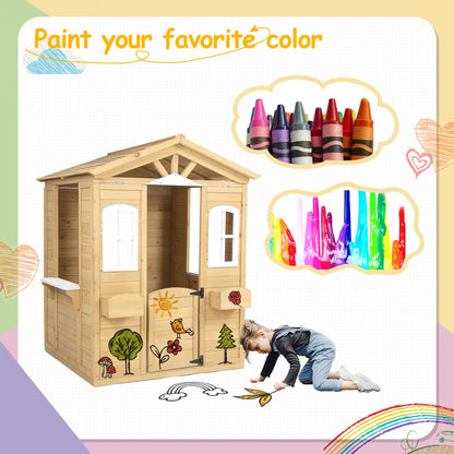COCLUB Play House for Kids Ages 4-8, Outdoor Wooden Playhouse with Play Kitchen, Snack Bar, Picnic Bench, Mailbox, Flowerpot Holders, 39" x 38" x 55.5"