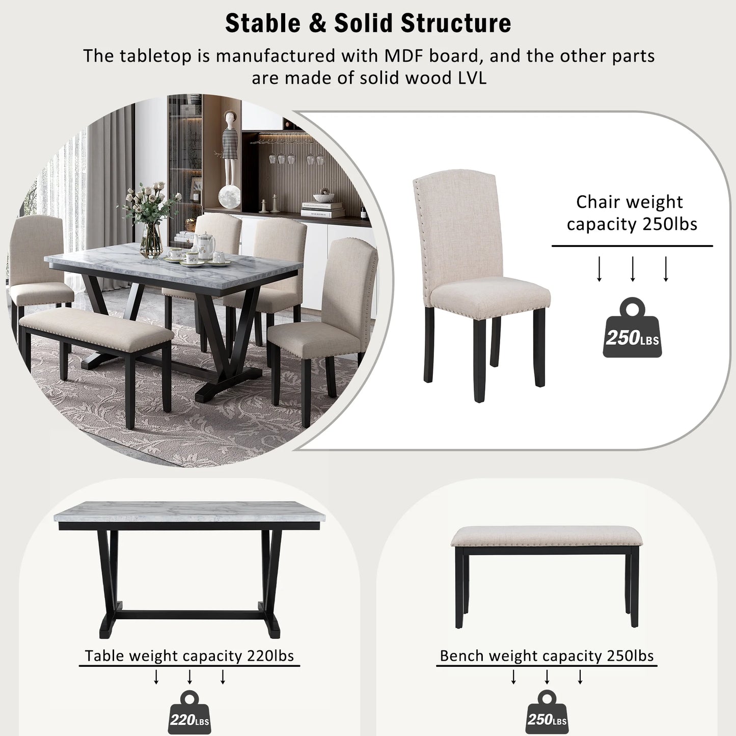 EUROCO 60" 6-Piece Dining Table Set,Dining Room Set with Marbled Tabletop,V-shaped Table Legs,Bench and 4 Cushioned Chairs,Solid Wood Rectangular Table and Chair Set, Kitchen Table Set