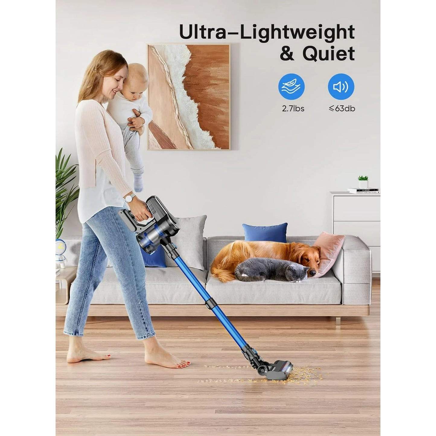Roanow Cordless Vacuum Cleaner, 38KPA/55Mins with Display Stick Vacuum for Hardwood Floor Carpet Pet