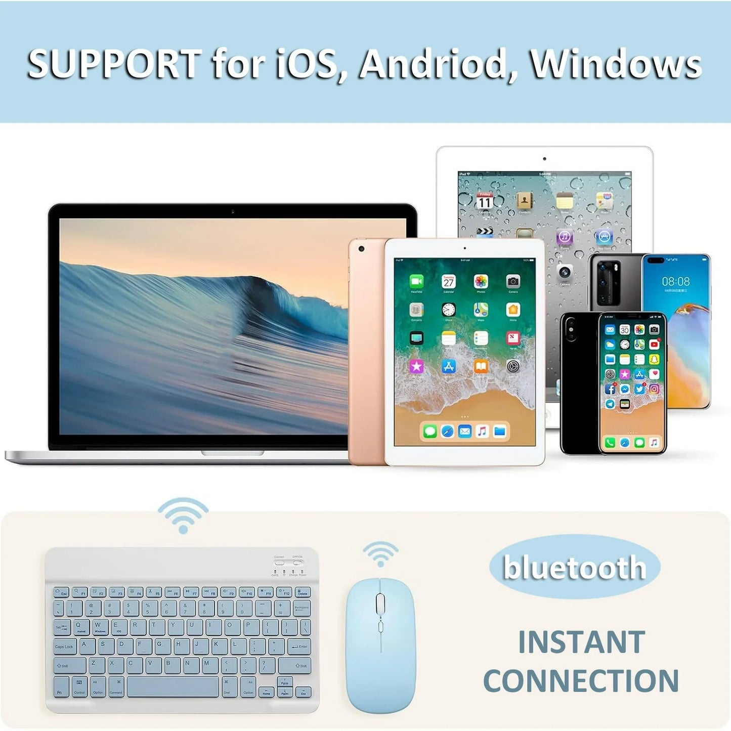 ARCTICICE 10in Wireless Keyboard and Mouse Combo, Ultra-Slim 78 Keys bluetooth Keyboard for Tablet PC Windows Mac IOS Android Devices, Blue