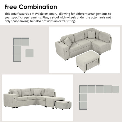 Churanty Sectional Sleeper Sofa with Pull Out Bed, L-Shape Sectional Corner Couch with Movable Ottoman, Chenille Sectional Sofa with USB Ports and Cup Holders for Living Room, Grey