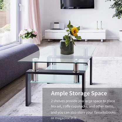 Glass Coffee Table with Lower Shelf, SEGMART Clear Rectangle Glass Coffee Table, Modern Coffee Table with Metal Legs, Rectangle Center Table Sofa Table Home Furniture for Living Room