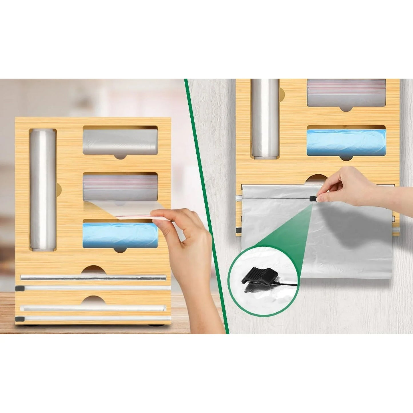 Foil and Plastic Wrap Organizer for Ziplock, 6 in 1 Bamboo Wrap Dispenser Compatible with 12" Parchment Paper Roll Cutter for Gallon, Quart, Sandwich Bags, Roll etc