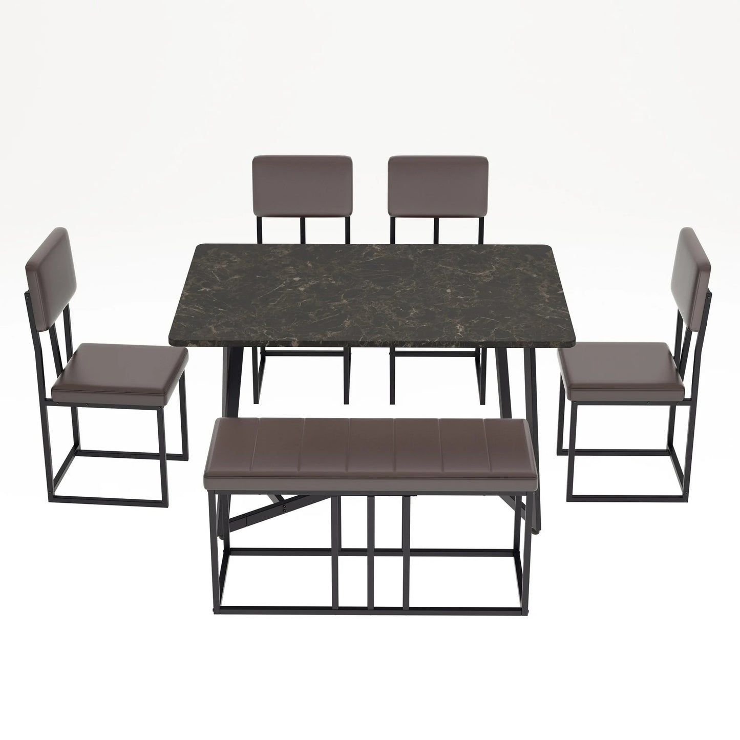 UHOMEPRO 6-Piece Dining Room Set, Faux Marble Dining Table with 4 Leatherette Chairs & Bench Set, Modern Rectangular Kitchen Table Set for Bar Living Room Small Space, Space-Saving Design, Brown