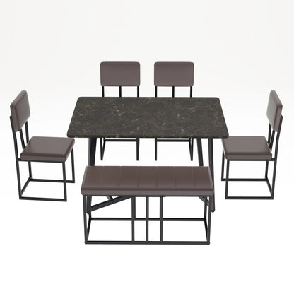 UHOMEPRO 6-Piece Dining Room Set, Faux Marble Dining Table with 4 Leatherette Chairs & Bench Set, Modern Rectangular Kitchen Table Set for Bar Living Room Small Space, Space-Saving Design, Brown
