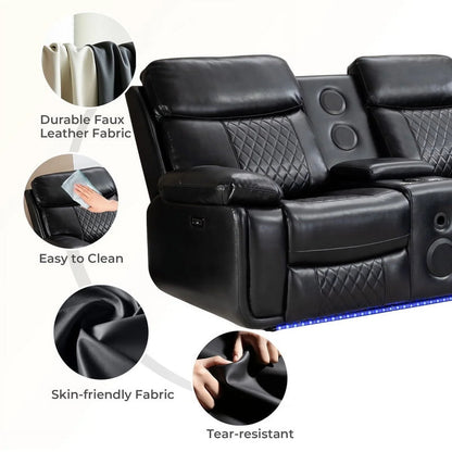 Comfort Stretch 5 Seats Power Recliner Sofa Sets with Speaker,Black Faux Leather Reclining Sectional Couch for Living Room Furniture Sets with USB Port,Storage Console,Cup Holders,LED Lights