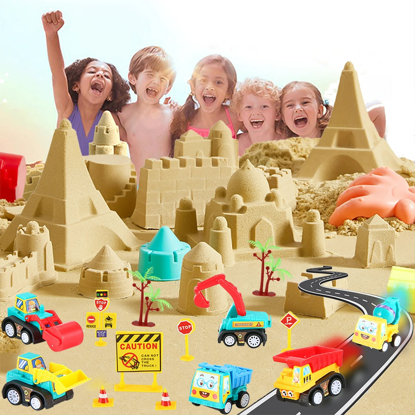 CROSOFMI Play Construction Sand Kit - Foldable Sandbox with 2lbs Sand, 6 Mini Trucks, 10 Road Signs and Modeling Tools - Perfect Gift for Kids Ages 3+