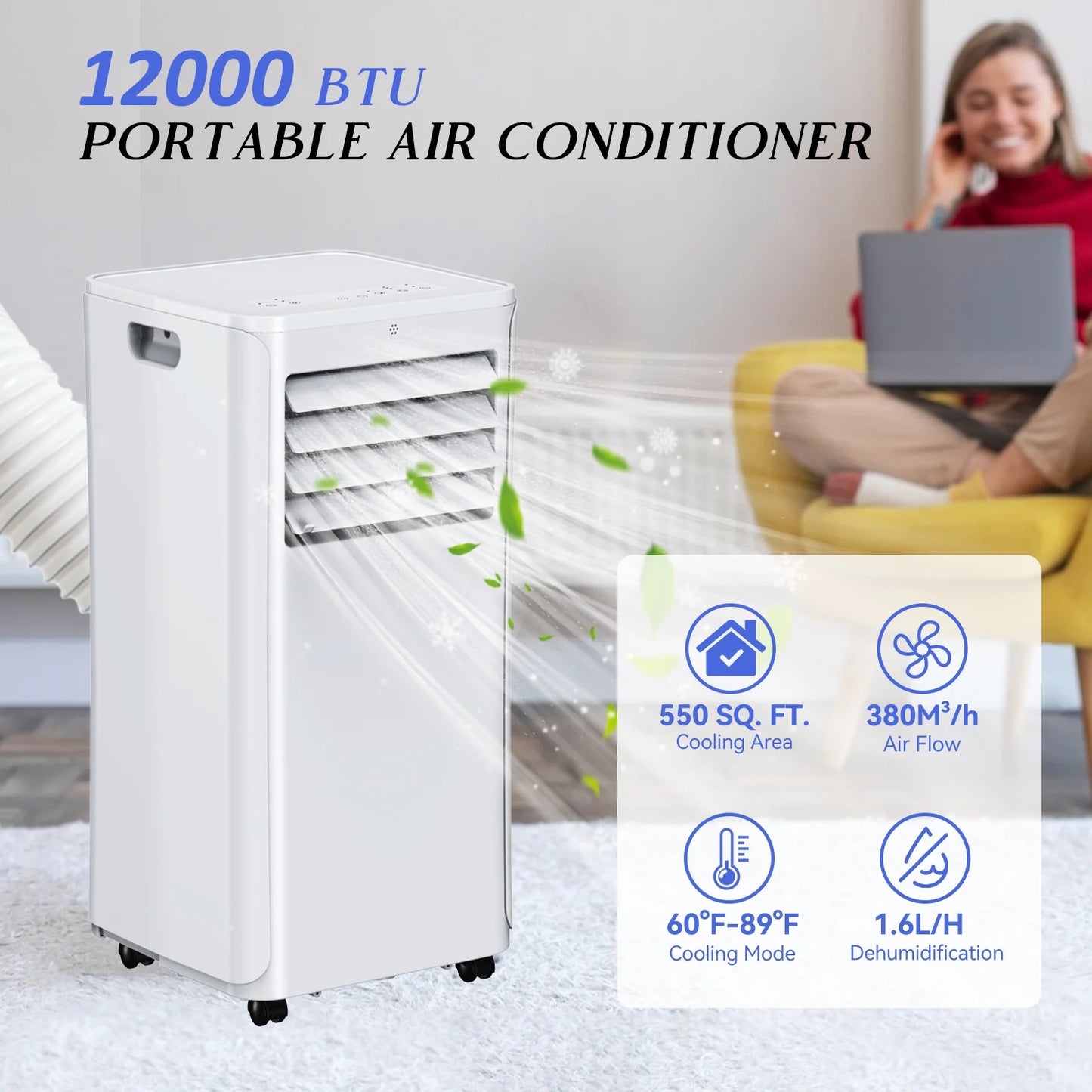 Portable Air Conditioners 12000 BTU,3-in-1 AC Unit Cools Spaces up to 550 sq. ft. and Features a Remote Control, LED display,for bedroom,living room,ofice