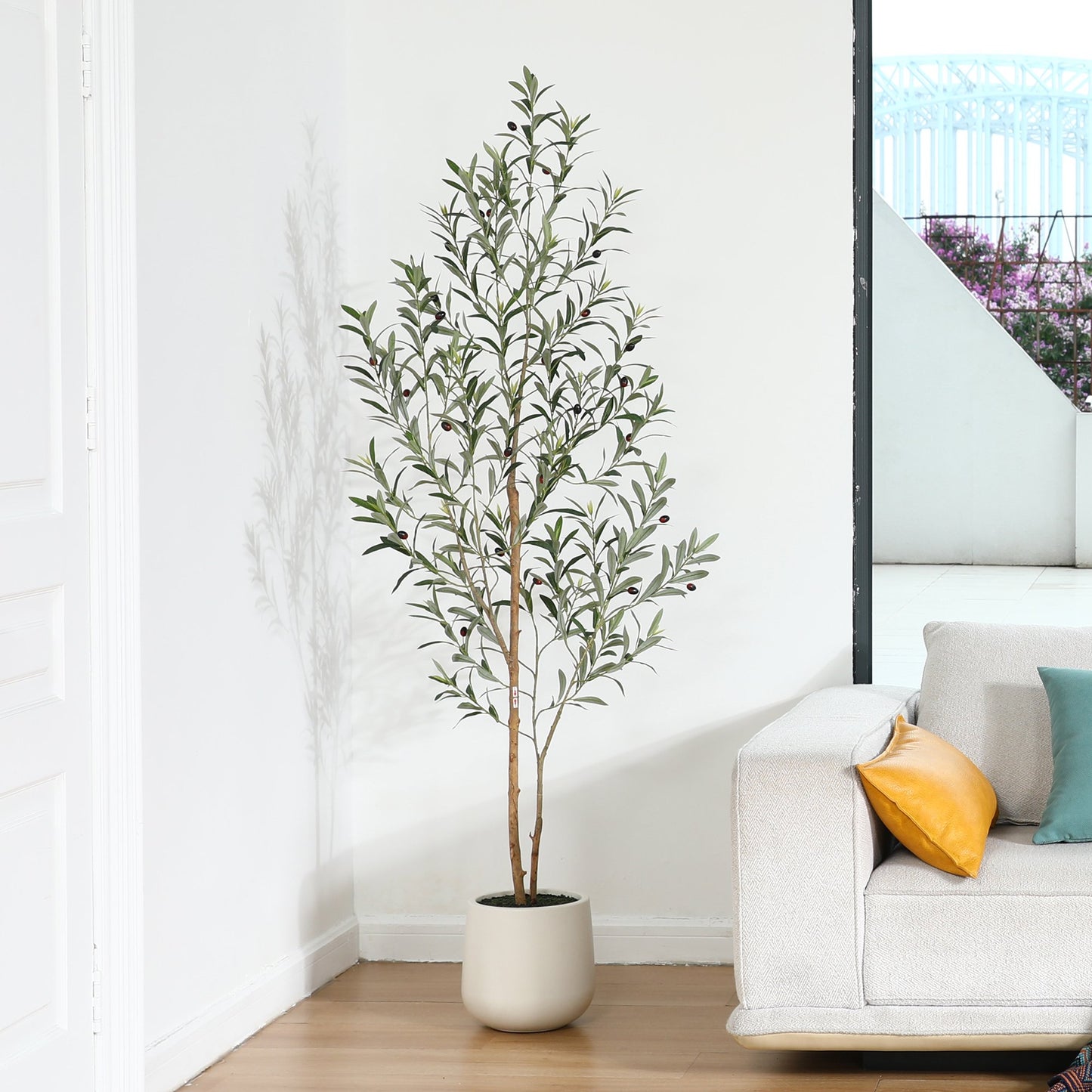 6ft Artificial Olive Tree with 10.5 inch White Planter, Tall Fake Olive Trees with Natural Wood Trunk and Lifelike Fruits, Faux Olive Silk Tree for Home Decor and Gift