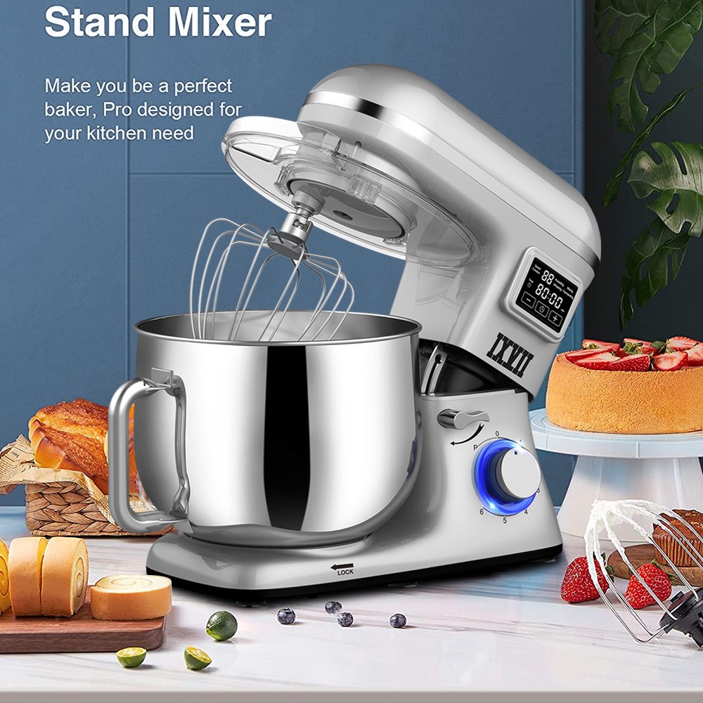 uhomepro 7.5 QT Stand Mixer for Kitchen, 6+0+P-Speed Tilt-Head 660W Dough Mixer, Home Commercial Mixing Electric Kitchen Cake Mixer W/ Dough Hook, Beater, Egg Whisk, Spatula, Dishwasher Safe, White