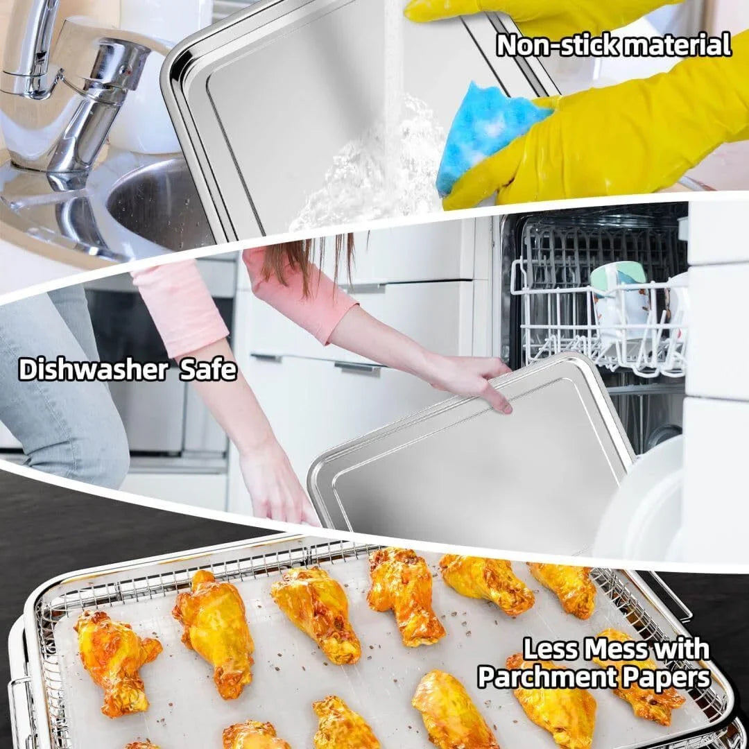 Air Fryer Basket for Oven, Large 11.8" x 15.7" Oven Air Fryer Basket and Tray Set, Stainless Steel Air Fryer Pan and Crisper Tray for Baking Grilling (Silver)