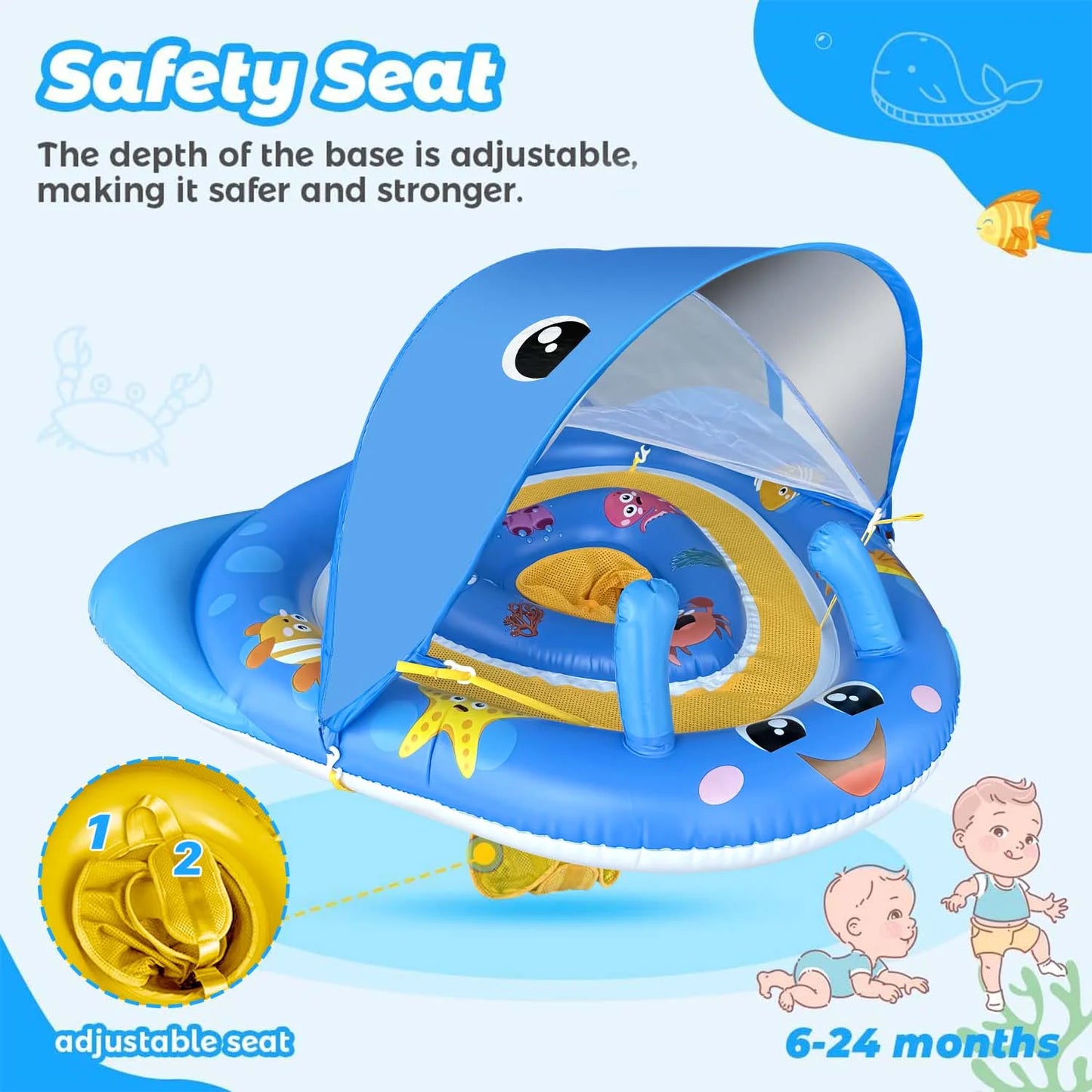 Ucradle Baby Pool Float with Canopy UPF50+ Sun Protection, 6-24 Months Inflatable Infant Swimming Ring with Adjustable Safety Seat