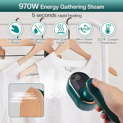 ARCTICICE Portable Garment Steamer with Wet Dry Ironing 180¡ã Rotable Handle 970W Steamer for Clothes, Green