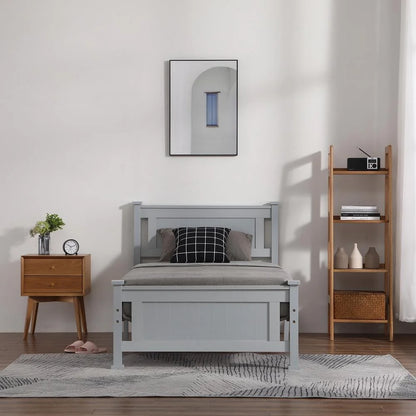 Ktaxon Twin Bed Frame,Solid Pine Wood Twin Platform Bed Frame, Bedroom Twin Bed with Headboard for Adults, Gray, 75.04"L*38.98"W*37.8"H