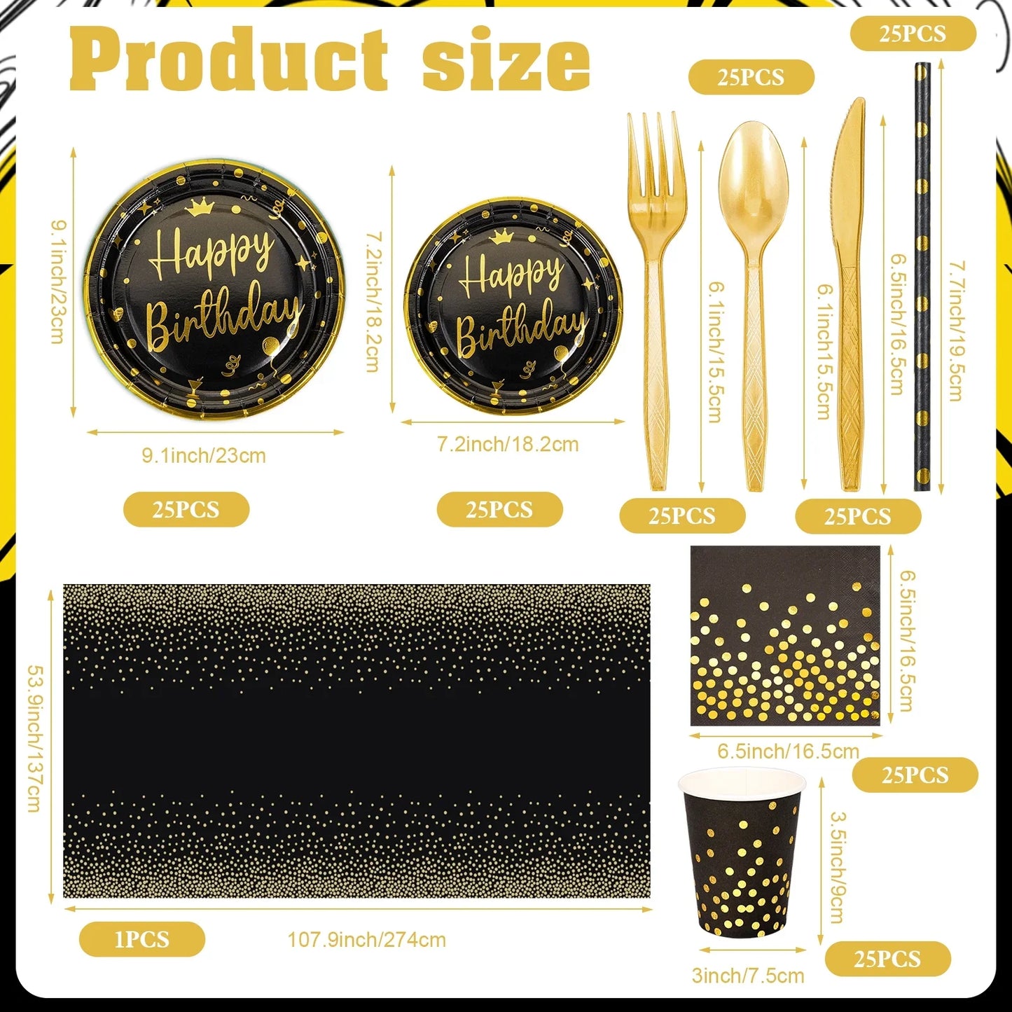 201Pcs Happy Birthday Party Supplies, Black Gold Dinnerware Set Paper Plates Napkins Plastic Tablecloth Forks Knives Spoons Serve 25 for Men Women