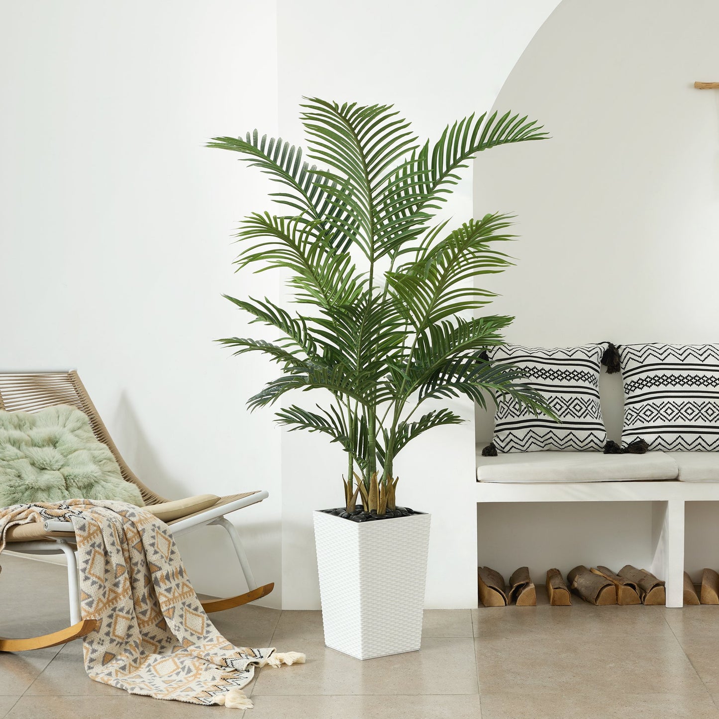 DR.Planzen UV Resistant 5ft Artificial Palm Tree with White Large Planter, Faux Palm Tree for Indoor  Outdoor decor, Faux Plant with Adjustable Leaves for Home, Office, and Garden Decor