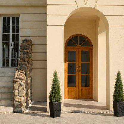 DR.Planzen Artificial Cedar Tree 4 ft Outdoor with Tall White Planter, Artificial Topiary Cedar Plants Fake Tree UV Rated Potted Plants for Porch Decor Faux Pine Tree for Perfect Housewarming Gift