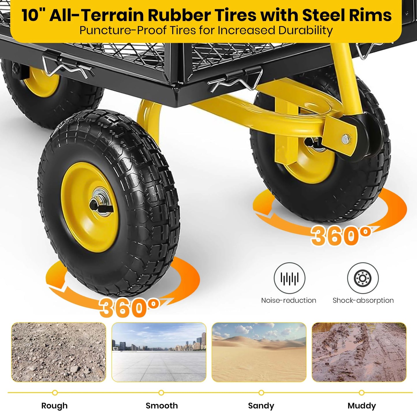 GVDV Heavy Duty Steel Garden Cart with Liner, 660lbs Capacity, 3 Cu ft, 10 All-Terrain Wheels, Black/Yellow – Durable Utility Cart for Yard Work, Hauling, and Outdoor Use
